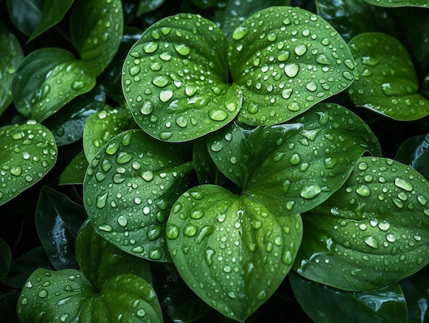 Close-up foto van groene bladeren met dauw erop AI gegenereerd