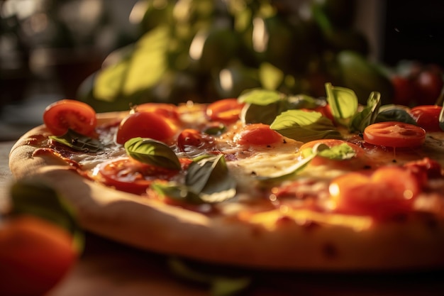 Close-up foto van Italiaanse pizza toppings op houten plaat Generatieve AI