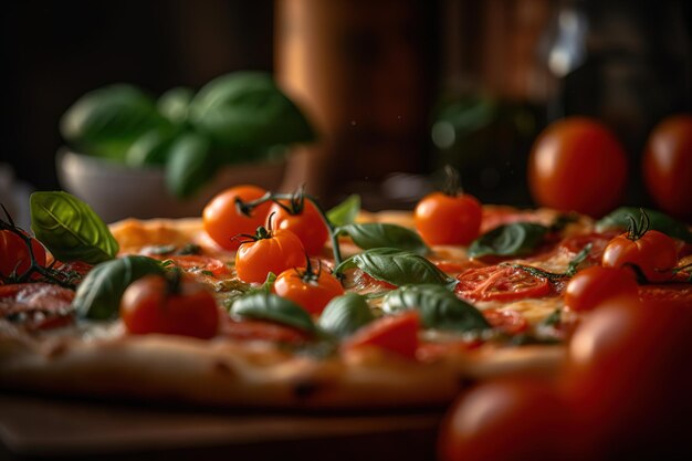 Close-up foto van Italiaanse pizza toppings op houten plaat Generatieve AI