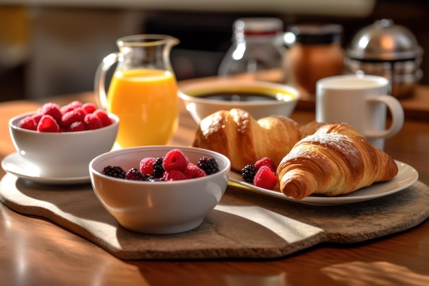 Close-up foto van koffie ontbijt met gebak croissants Generatieve AI