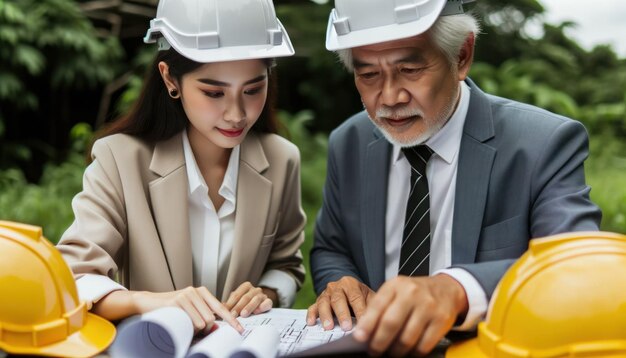 Close-up foto van twee ingenieurs een oudere Aziatische man en een jonge Latino vrouw op een buitenlocatie