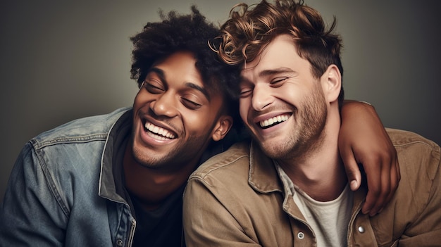 Close-up foto van twee mannelijke vrienden die een geheime grap delen hun uitdrukkingen vol kameraadschap en vermaak