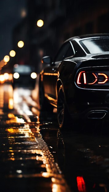 Close-up foto van zwarte auto koplampen op natte weg Ai Generated