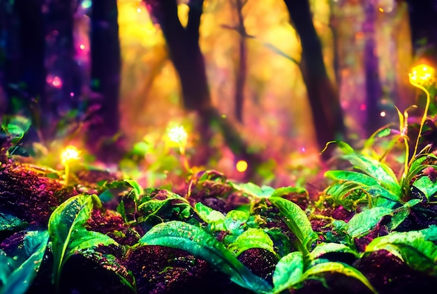 Close-up fotografie Magisch bos met levendige gloeiende planten