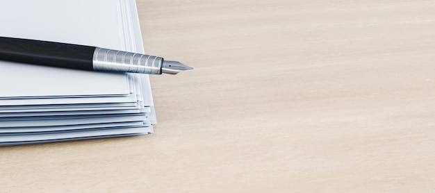 Close up of fountain pen on pile of paperwork on wide wooden desktop with mock u place Luxury ad stationery concept 3D Rendering