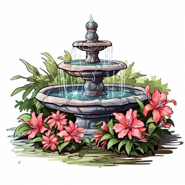 Photo a close up of a fountain with flowers and plants around it generative ai