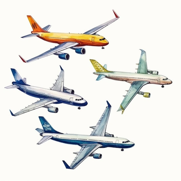 Photo a close up of four different colored airplanes flying in the sky generative ai