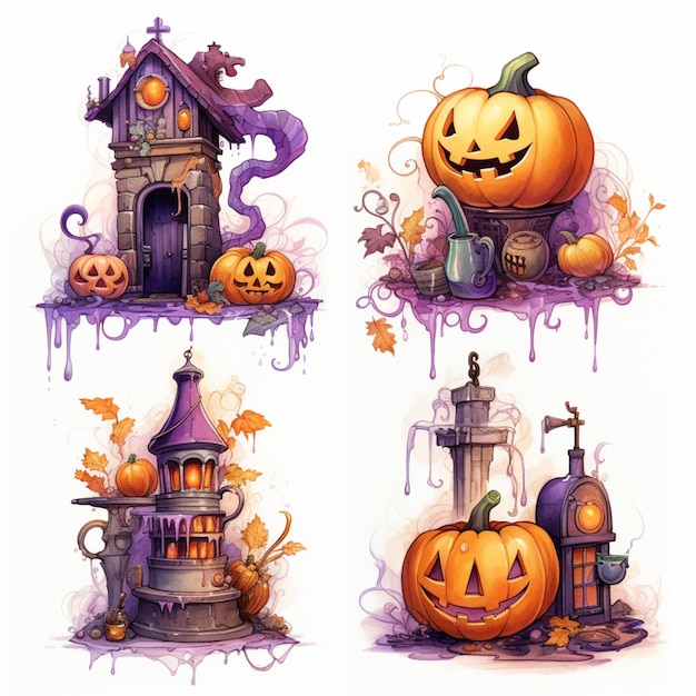 a close up of four different illustrations of halloween houses generative ai