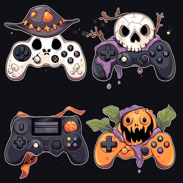 Крупный план четырех разных контроллеров видеоигр с генеративным искусственным интеллектом в стиле Хэллоуина