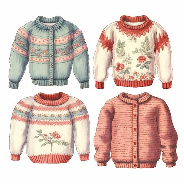 A close up of four sweaters with flowers and leaves on them generative ai