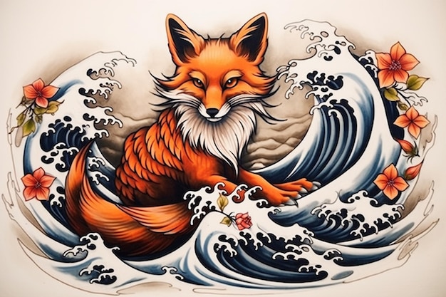 A close up of a fox on a wave with flowers generative ai