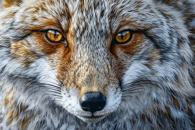 Close up of foxs face with its eyes wide open and staring directly at the camera