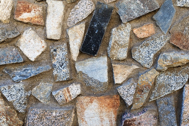 Primo piano di un frammento di un vecchio muro di pietra naturale.