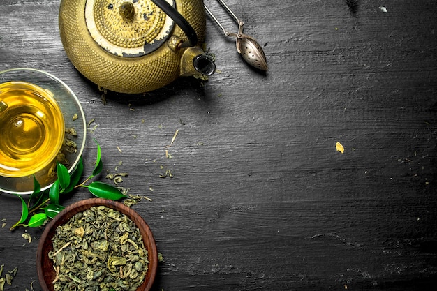 Close up on fragrant green tea with leaves