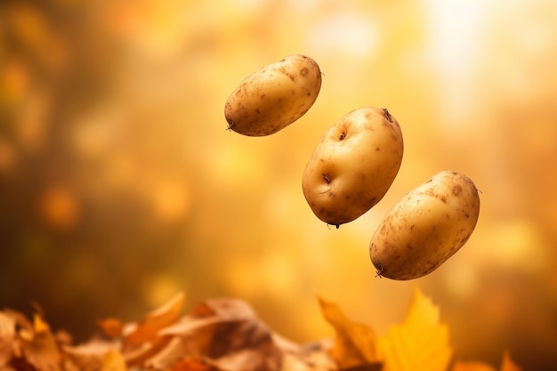 Close up free potatoes levitate on a autumn theme background