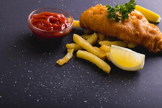 Foto close-up di patatine fritte con frutti di mare e salsa su sfondo grigio, copia dello spazio