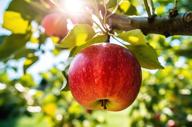 close up fresh apple on the tree at sunny day