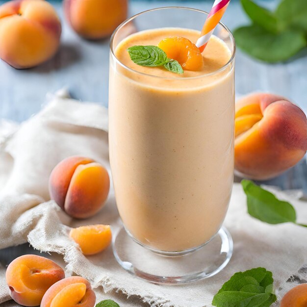 Close up of fresh apricot smoothie and apricot slice on the table