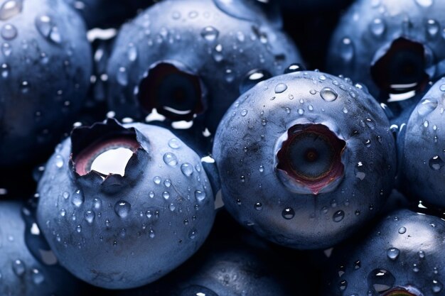 Photo close up of fresh blueberries and drops of water healthy nutrition