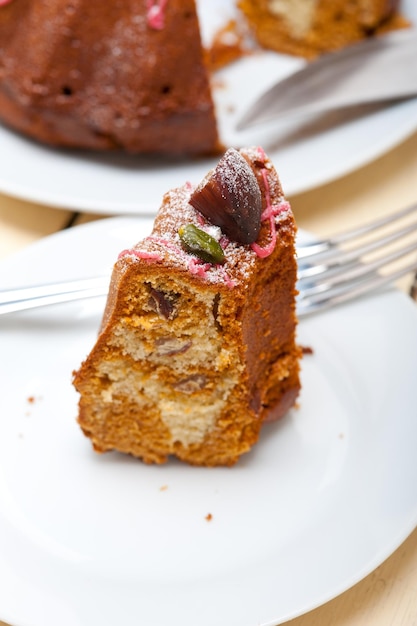 close-up of fresh cake slice in plate on table