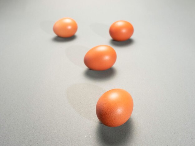 Close up of fresh Chicken brown eggs on table