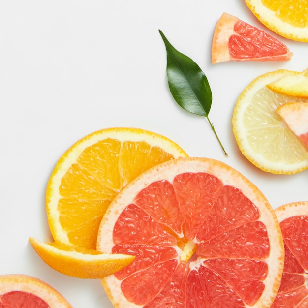 Close up of fresh citrus slices and leaf