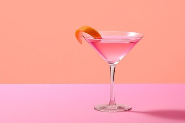 Close up of a fresh cocktail in martini glass on pink back