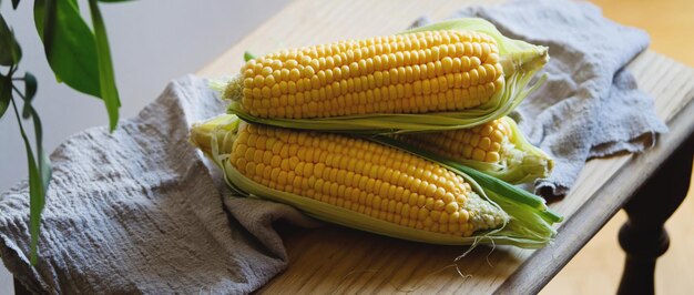 Close up of fresh corn cobs with leaves on a wooden table over grey wall background Raw corncobs on light brown wooden table rustic style Corn on cobs live photo with natural light village style