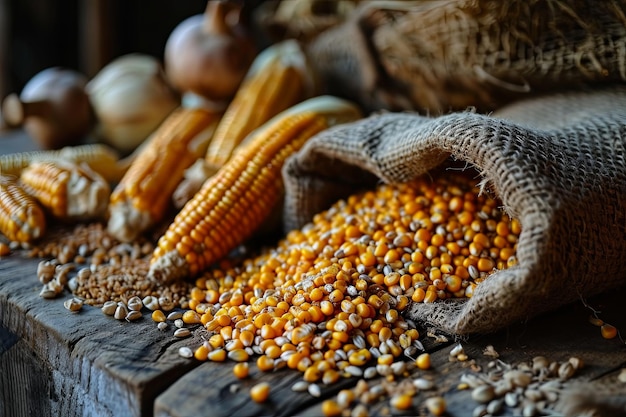 Близкий взгляд на свежие кукурузные крупы и семена кукурузы и шерсть на деревянном фоне
