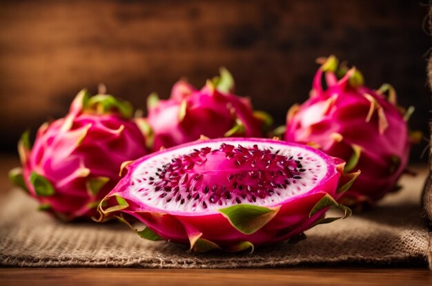 Close up of fresh dragon fruit isolated on texture background selective focus