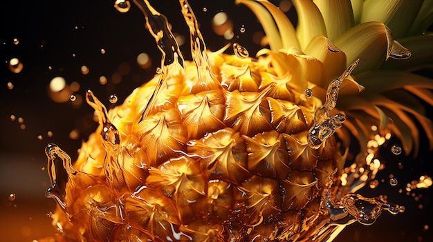 Close up of fresh fruit pineapple in yellow juice with splashes