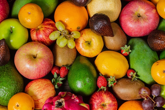 Close up fresh fruits assorted fruits colorful clean eating fruit background helathy concept