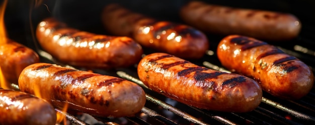 Photo close up on fresh grilled sausage on outdoor grill in garden
