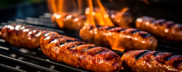 Photo close up on fresh grilled sausage on outdoor grill in garden