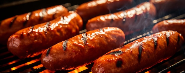 Close up on fresh grilled sausage on outdoor grill in garden