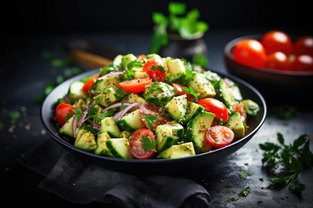 Close up of a fresh herb salad with avocado tomato and cucumber on dark stone with copy space