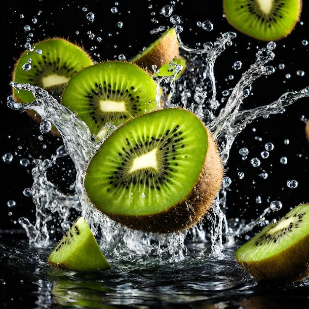 close up fresh kiwi falling Down on and splash water Black Background concept