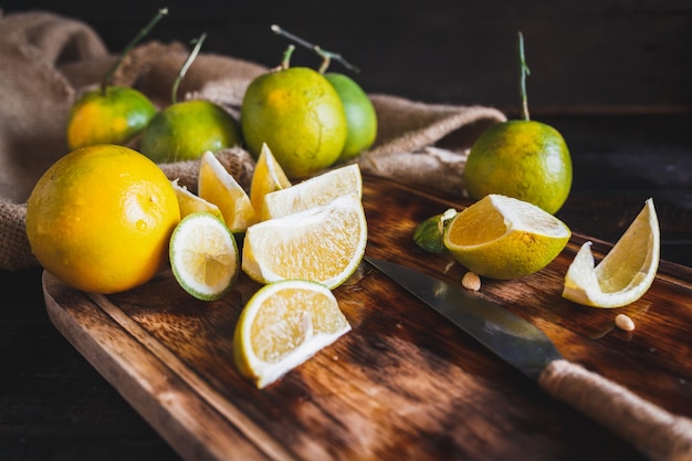 close-up of fresh limes on cutting board