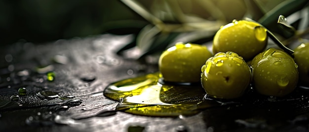 Foto vicino fresche e naturali olive verdi bokeh luce morbida e olio versato sulla parte superiore