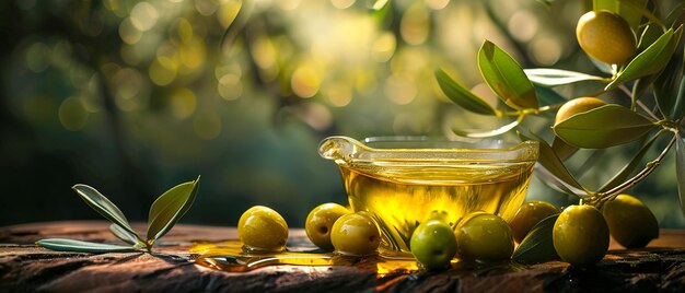 Foto chiudere la ciotola di olive verdi naturali fresche con l'olio naturale foglie di oliva bokeh luce morbida