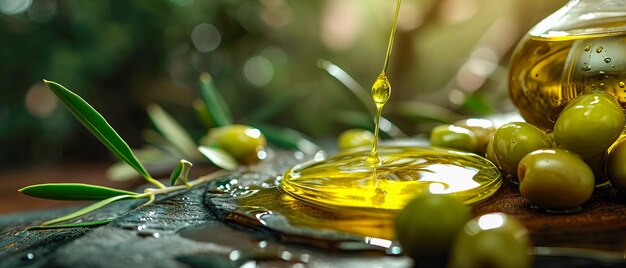 Close up fresh natural green olives natural oil olive leaves bokeh soft light