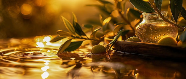 Foto close up di olive verdi naturali fresche con luce morbida all'alba in un'atmosfera accogliente