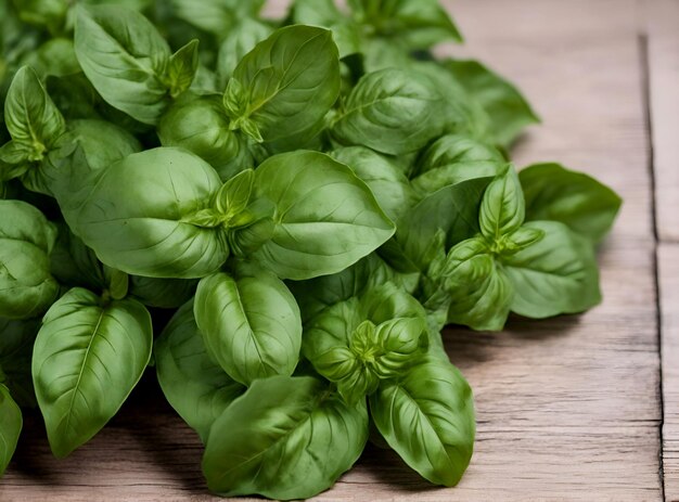 Close up of fresh organic basil herb leaves