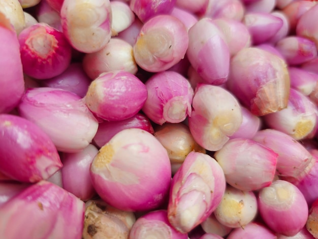 Close up of fresh peeled ripe shallots Asia red onion that are pink and white