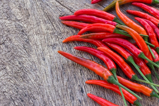 Close up fresh red chili on old wooden