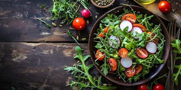 Close up of fresh salad with cherry tomatoes arugula radish avocado and spice dressing or olive oil on dark wooden background with copy space