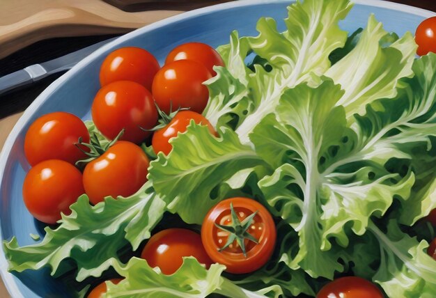Close up of a fresh salad with cherry tomatoes lettuce and various greens in a blue bowl