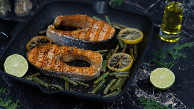 Close-up of fresh salmon steaks