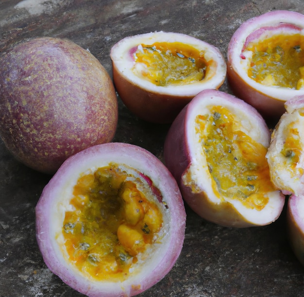 Close up of fresh and sliced passion fruit on table