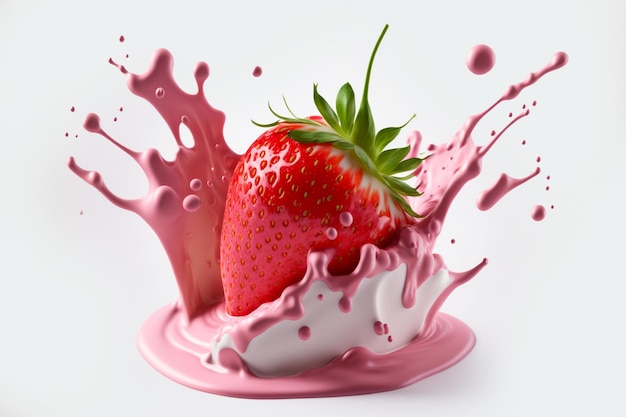 close up fresh strawberry with splashing milk or fruit yogurt splash cream isolated white background